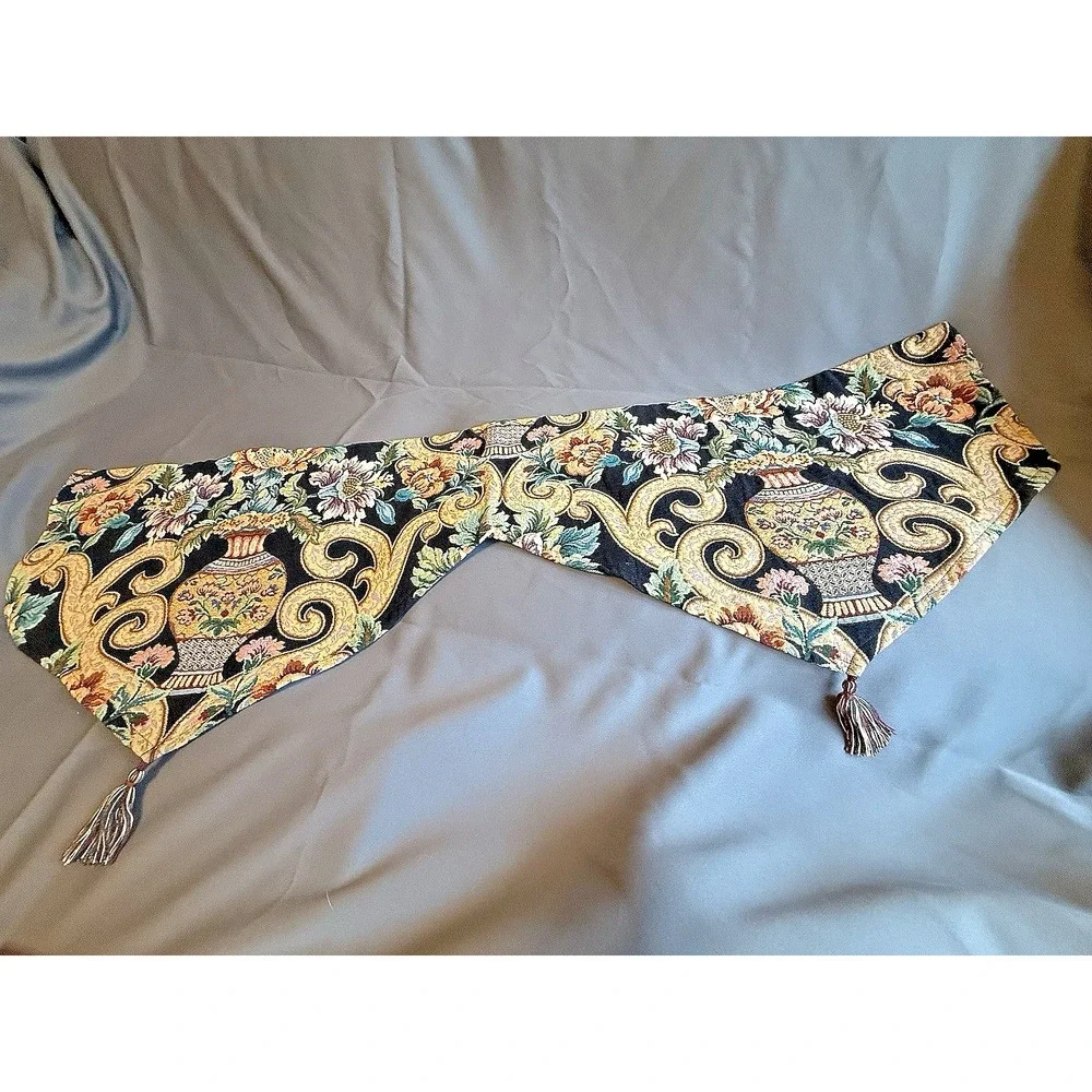 Set of 2 Vtg Tapestry Floral Grecian Tasseled Window Valance Granny Core 50x20‎